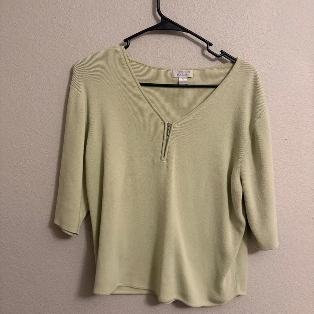 Christopher & Banks Sage Green Ribbed 100% Cotton Quarter Zip Sweater XL - Picture 2 of 5